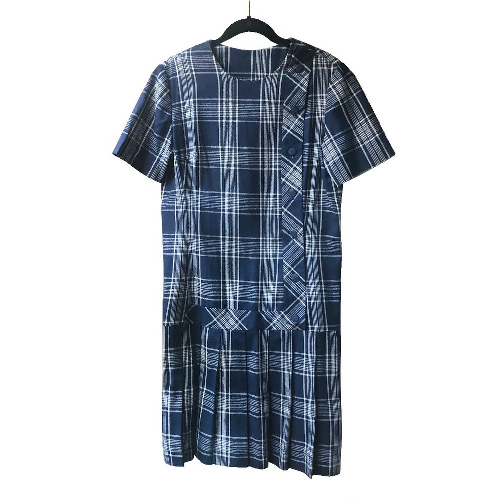 Vintage navy blue plaid drop waist dress VTG